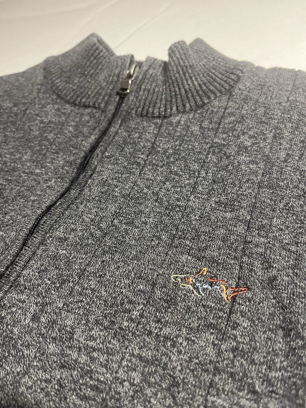 Greg Norman Mens S Gray Ribbed 1/4 Zip Sweater Shark Logo Golf Pullover